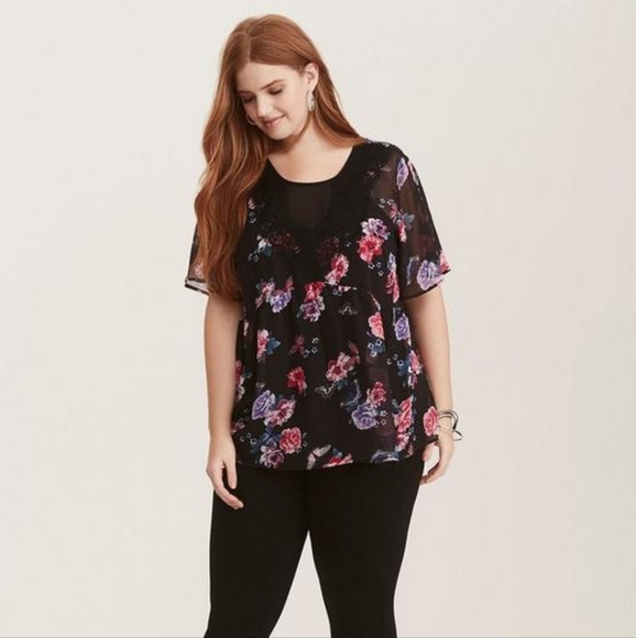 torrid Tops - 279 TORRID Crinkle Chiffon Lace Trim Top